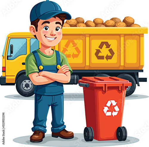 Cartoon recycling worker standing by truck and bin ready for waste management and garbage collection