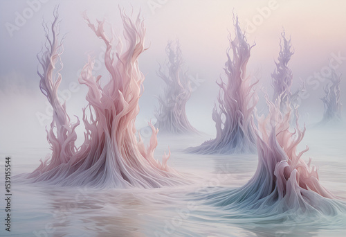 Abstract Tree Silhouettes in Misty Landscape