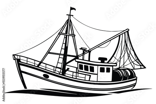 Detailed Black and White Illustration of a Classic Fishing Trawler Boat on Calm Waters with Rigging and Mast