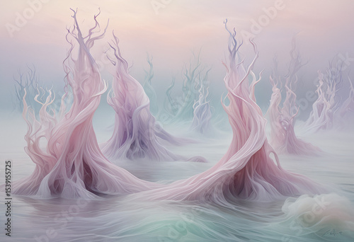 Abstract Tree Silhouettes in Misty Landscape