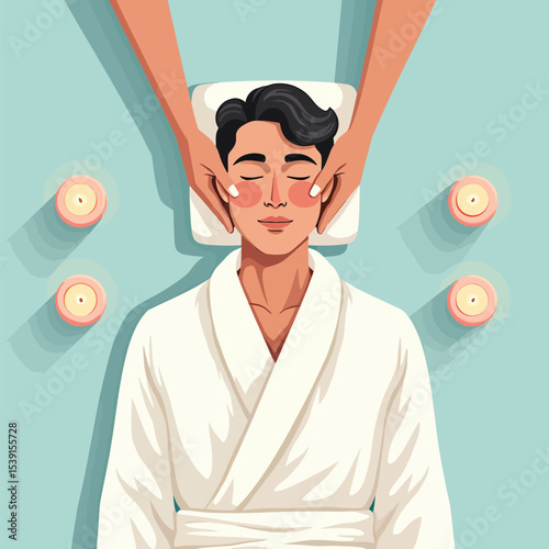Man receiving facial massage at spa for relaxation and wellness with candles and soft lighting scene