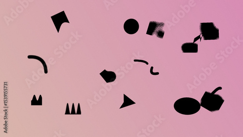 Abstract Pink Gradient Background with Scattered Black Geometric Shapes and Textures