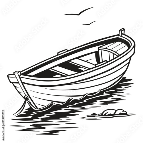 Monochromatic Illustration of a Rowboat on Water with Birds Flying Above a Scenic and Peaceful Coastal Landscape