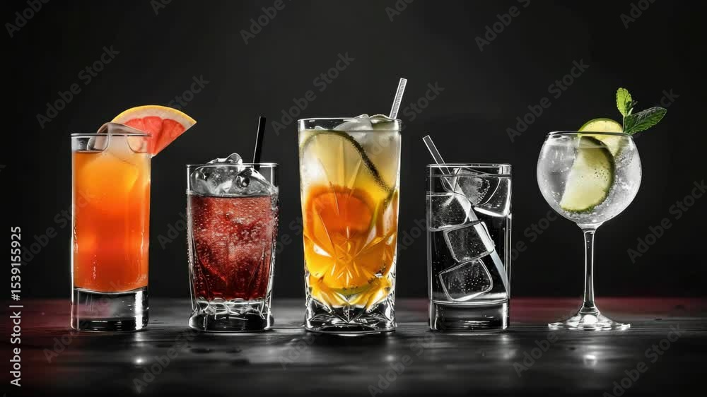 Diverse selection of cocktails on display at a bar. Options include fruity concoctions, alcoholic drinks with various mixes and garnishes.