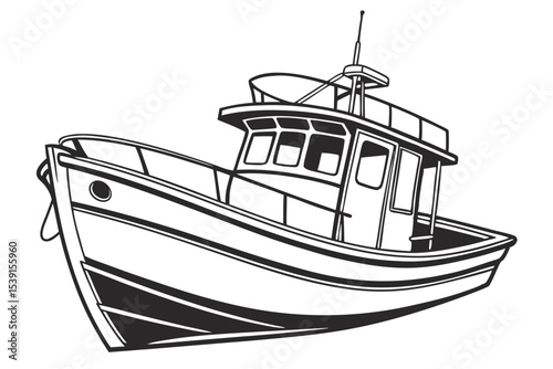 Monochrome Fishing Boat Illustration A Detailed Depiction of a Classic Vessel Against a Clean White Backdrop Maritime Art