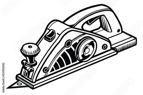 Detailed Black and White Illustration of an Electric Hand Planer for Woodworking and Carpentry Projects