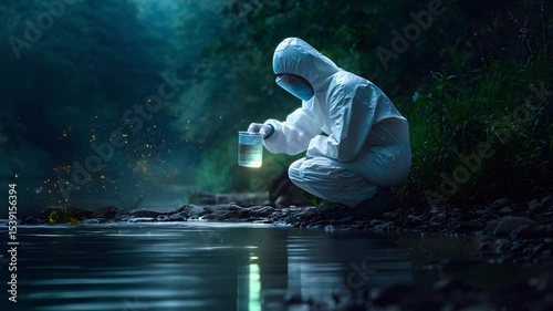 Scientist in hazmat suit collects glowing water sample. Low angle. 4K.
