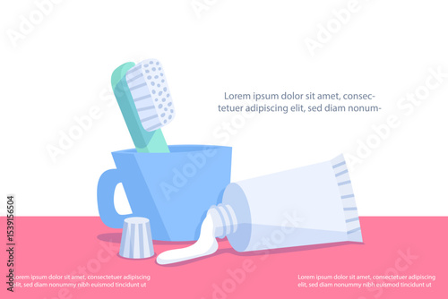 Toothbrush and toothpeast and cup illustration vector design on white background. Dental care concept.