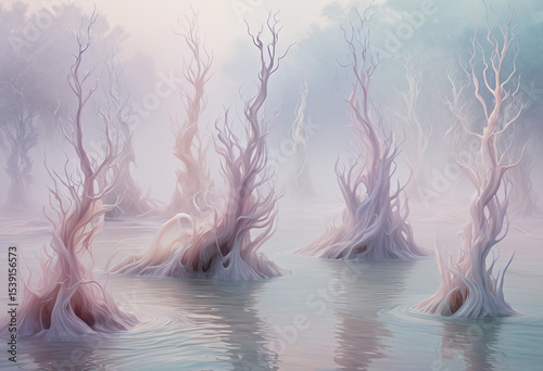 Mysterious Trees in a Misty Lake