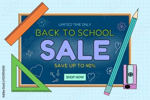 Back to school sale banner with chalkboard, pencil, ruler, triangle, sharpener, and doodles on checkered background. For seasonal promotion, shopping advertisement, online store, or marketing material