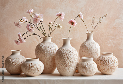 White Vases with Pink Flowers