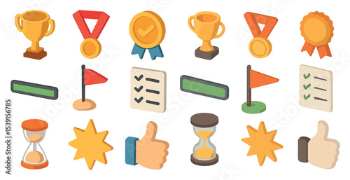 Awards and achievements icons set – isometric, trophy, medal, success symbols