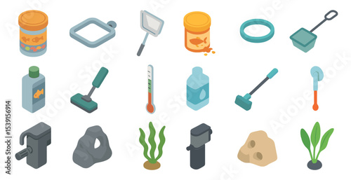 Aquarium and fish tank icons set – isometric, filled, aquatic and water care symbols