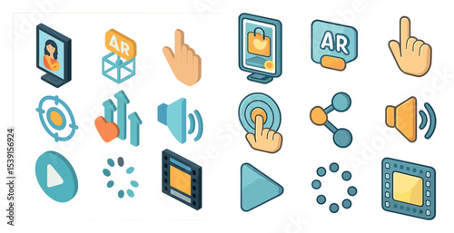 Augmented reality and virtual interaction icons set – isometric, digital, tech symbols