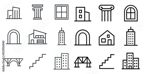 Architecture and building line icons set – outline, design, construction graphics