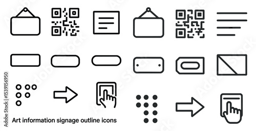 Art information outline icons set – signage, linear symbols for galleries and exhibits