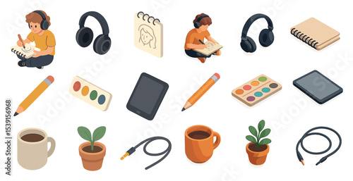 Creative hobbies isometric icons set – flat, artistic, drawing and painting symbols