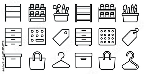 Home organization outline icons set – tidy, storage, decluttering symbols