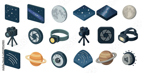 Space exploration isometric icons set – galaxy, astronomy, celestial symbols