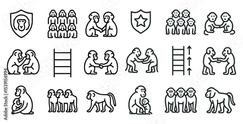 Monkey and primate outline icons set – silhouette, solid, animal and wildlife symbols