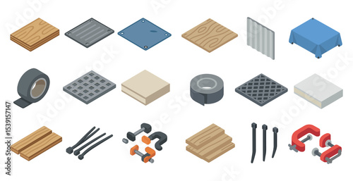 Construction and tools icons set – isometric, hardware, diy materials and equipment
