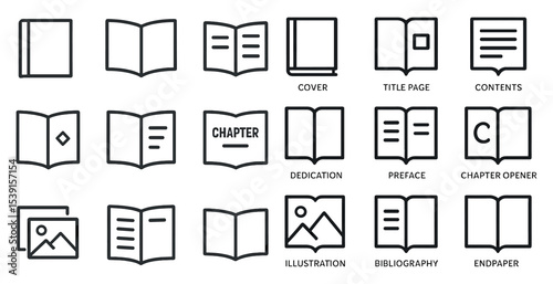 Publishing and books line icons set – outline, editorial, literature symbols