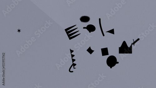 Abstract Grey Background with Scattered Black Geometric Shapes and Star