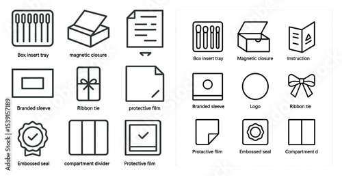 Packaging and shipping outline icons set – flat, linear, box and wrapping symbols