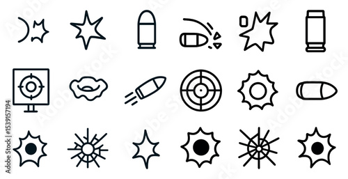 Gun and ammunition outline icons set – silhouette, bullet, target symbols