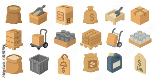 Logistics and delivery isometric icons set – shipping, cargo, packaging visuals