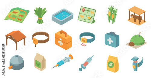 Farm and agriculture isometric icons set – 3d, farming, cultivation symbols