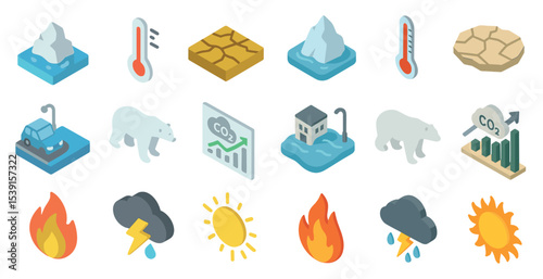 Climate change isometric icons set – environment, global warming, sustainability