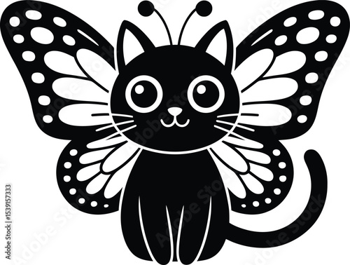 Vector Cute Black Cat with Butterfly Wings and Antennae, Whimsical Feline Creature.