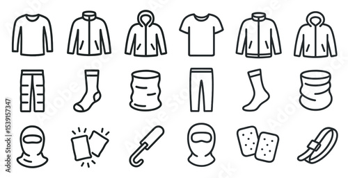 Outdoor clothing line icons set – flat, outline, apparel and fashion symbols