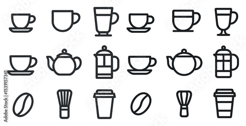 Coffee and tea outline icons set – linear, cup and kettle symbols for beverage menus