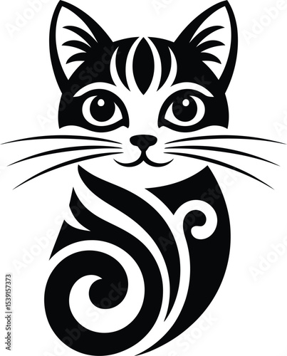 Vector Black and White Tribal Cat, Stylized Feline with Ornate Patterns.