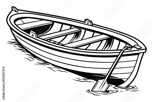 Monochromatic Rowboat Illustration A Nautical Vessel in Water with an Oar Ready for Aquatic Adventures