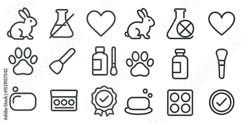 Animal testing free outline icons set – cruelty-free, vegan, ethical symbols