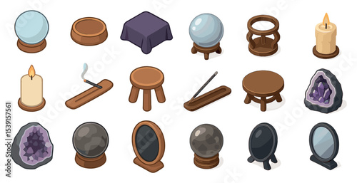 Mystical and magic outline icons set – line, crystal ball, fantasy and esoteric symbols