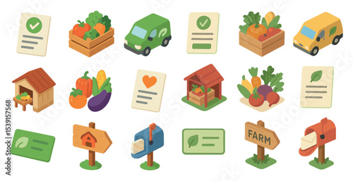 Farm produce isometric icons set – 3d, agricultural, market symbols
