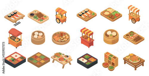 Street food isometric icons set – market, vendor, and culinary symbols