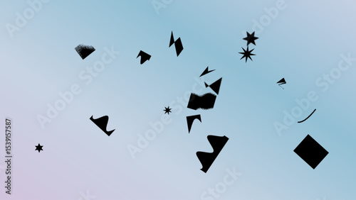 Abstract Composition of Scattered Black Shapes on a Pastel Blue Gradient Background