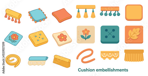 Cushion embellishments icons set – flat, decorative, textile design elements