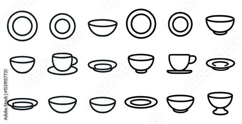 Kitchenware outline icons set – cookware, dishware, dining symbols