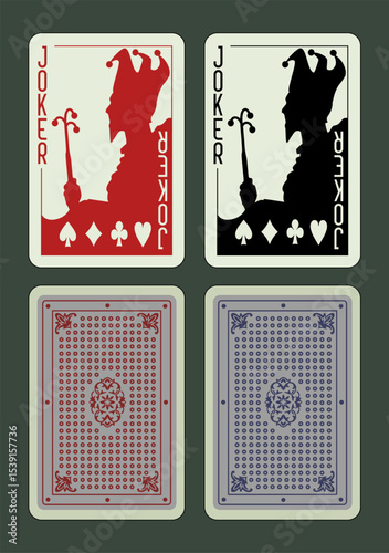 Joker Spades, Hearts, Diamonds, Clubs suits. Vector playing poker cards. Design №3.