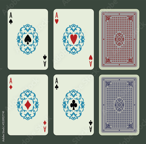 Ace Spades, Hearts, Diamonds, Clubs suits. Vector playing poker cards. Design №3.