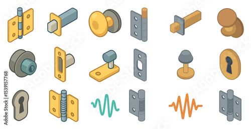 Door hardware isometric icons set – locks, hinges, keyhole symbols for design
