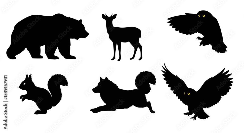 Obraz premium Majestic Wildlife Silhouettes Bear Deer Wolf Squirrel Owls Nature Animals Forest Creatures