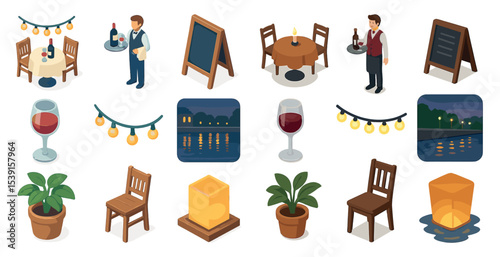 Restaurant dining isometric icons set – flat, filled, service and hospitality symbols