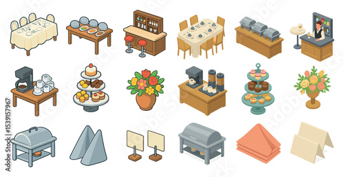 Restaurant and catering icons set – isometric, buffet, dining symbols and tableware